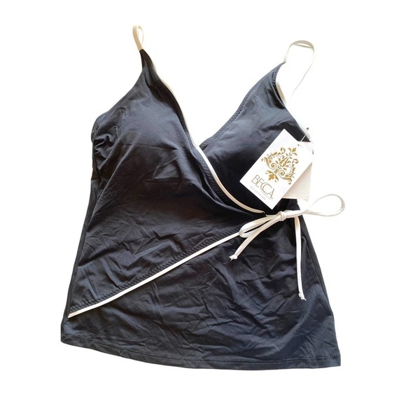Becca NWT On the Edge Faux-Wrap Tankini Top Black White Trim Small - Picture 2 of 8